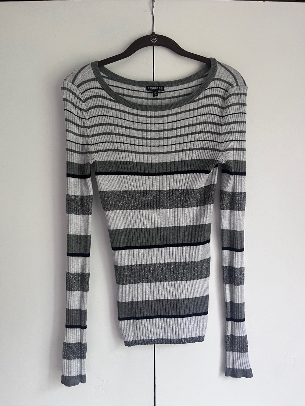 Y2K Express Striped Ribbed Long-Sleeve Sweater in Gray and Silver